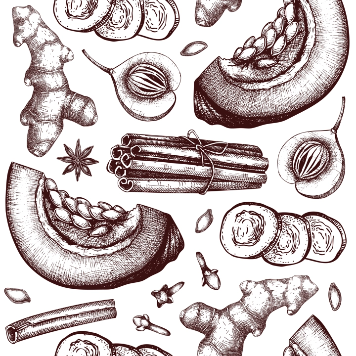 Autumn background with pumpkin spices sketches. Pumpkin cake ingredients seamless pattern. Anise star, ginger, cinnamon, nutmeg, cloves backdrop in color. Traditional fall food illustration